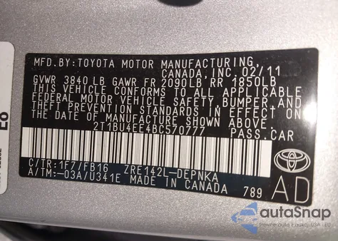 2011 Toyota Corolla Le z USA, uszkodzony, nr VIN 2T1BU4EE4BC570777